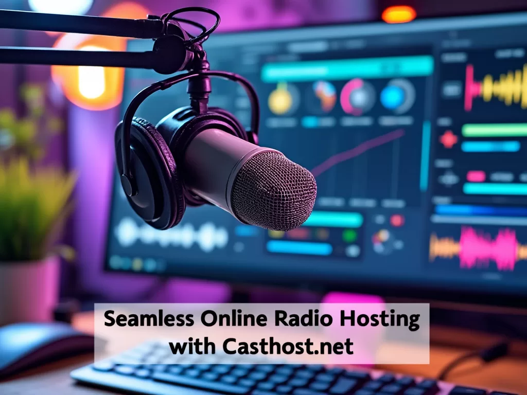 Modern radio station setup showcasing seamless online radio hosting services with Casthost.net. A professional microphone, headphones, and live streaming software highlight reliable radio hosting solutions for broadcasters.