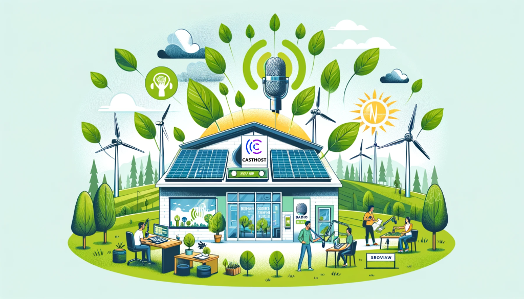 Estación de radio moderna y eco-responsable, comprometida con la sostenibilidad y las causas sociales, representando el compromiso de la Revolución de la Radio con la responsabilidad ambiental y social.