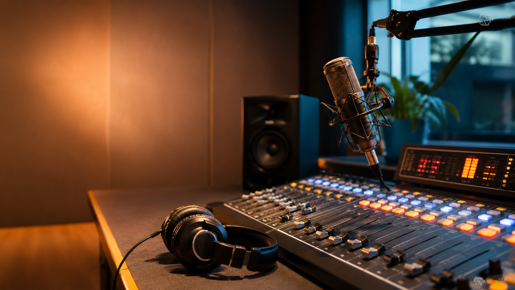 Internet radio broadcast studio with a Shoutcast streaming setup — mixing console, condenser microphone and headphones