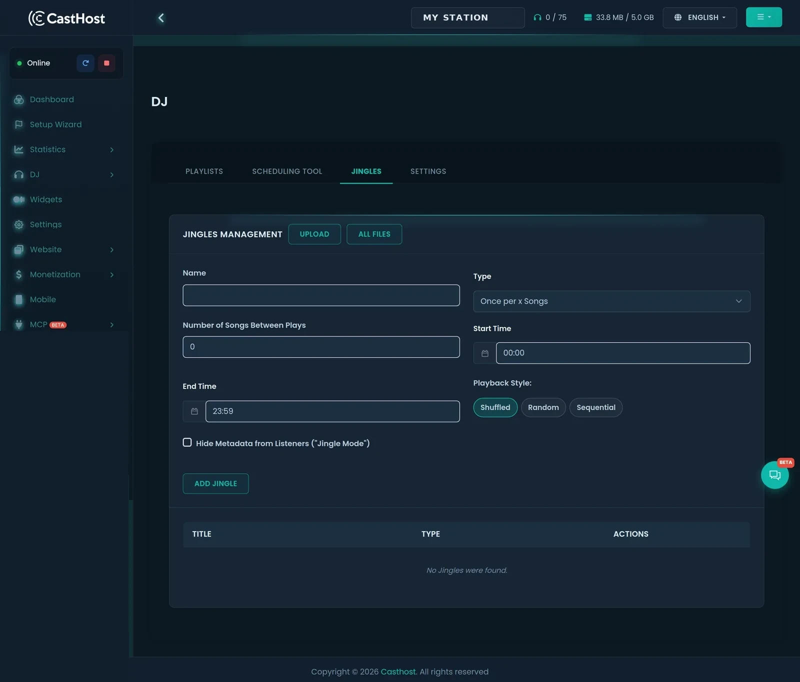 CastHost jingle management screen with rotation, start and end times and playback style