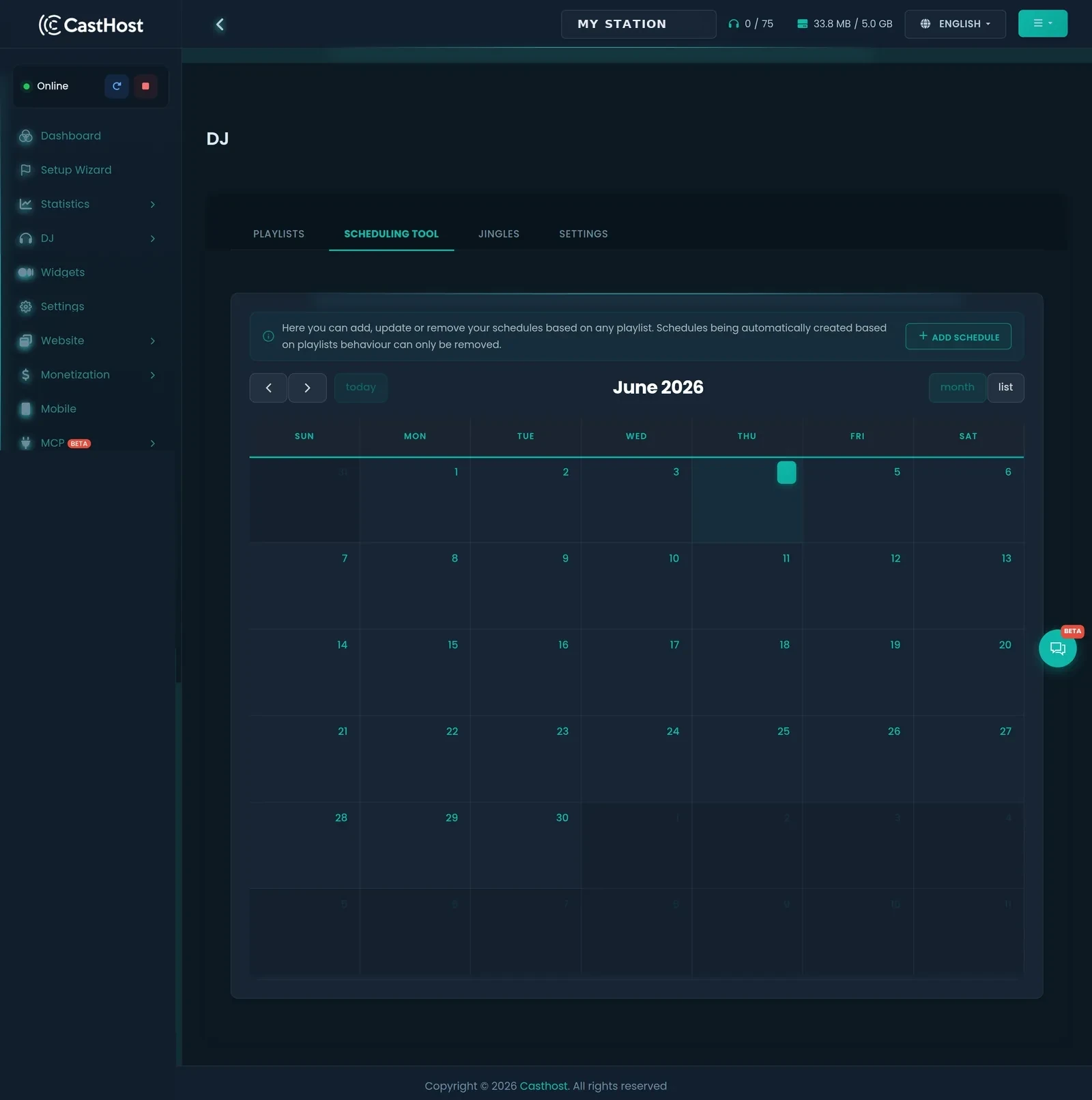 CastHost radio scheduling calendar assigning playlists to specific days and times