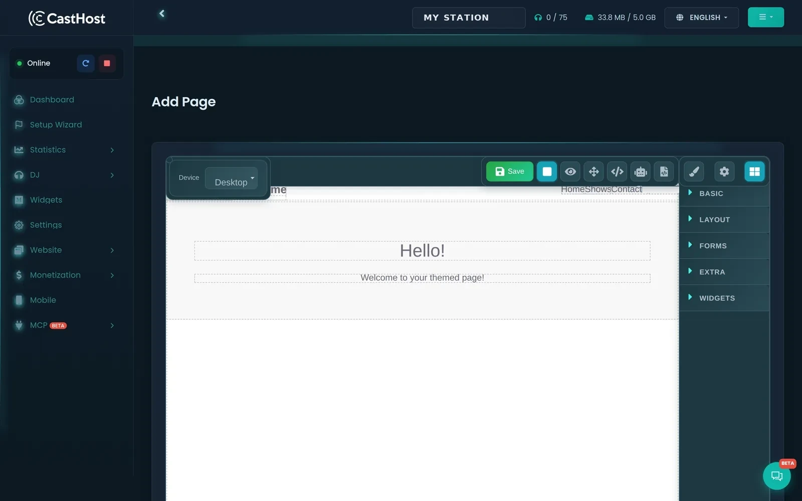 Cr&eacute;ateur de site web pour radio CastHost en glisser-d&eacute;poser avec un canevas de page et un panneau de blocs de mise en page, de formulaire et de widgets de radio