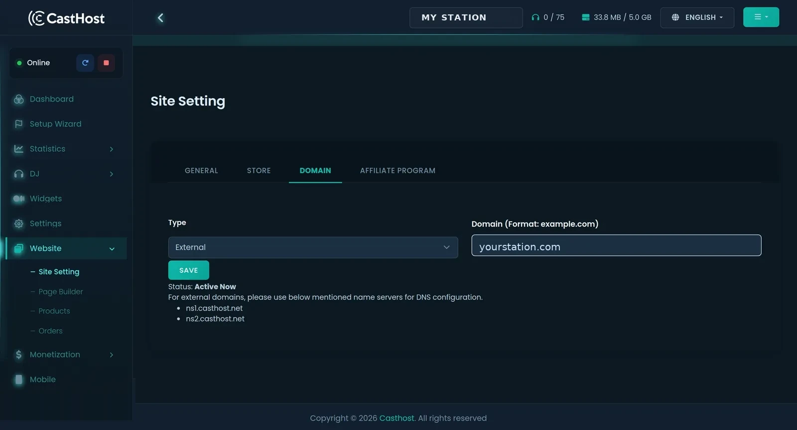 Param&egrave;tres du site web CastHost avec les onglets G&eacute;n&eacute;ral, Boutique, Domaine et Affiliation pour connecter un domaine personnalis&eacute;
